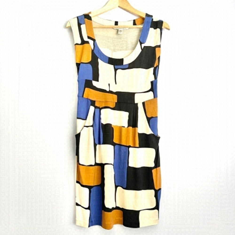 𝅺DIANE von Furstenberg Beige Blue Color Block Taran Silk Mini Dress US 6